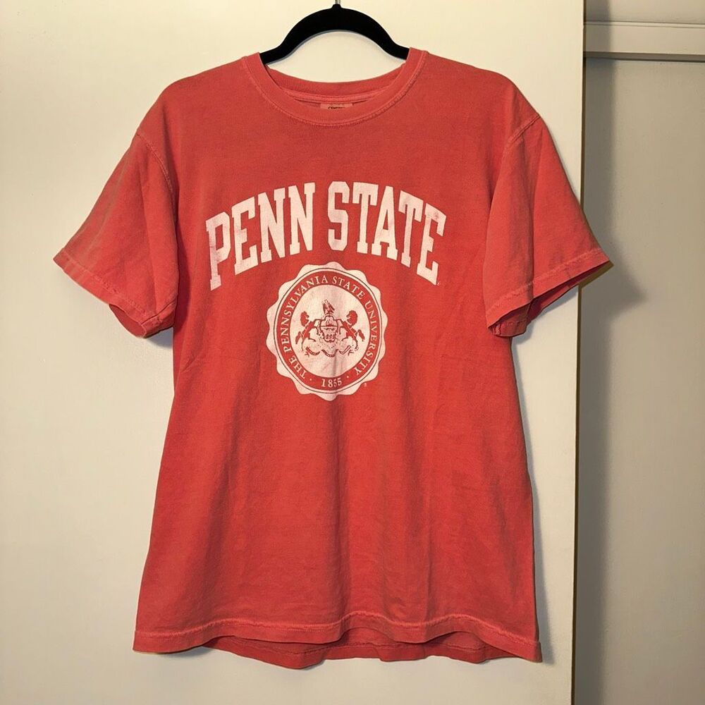 Comfort Colors Penn State Unisex Medium Short Sleeve Logo Tee Pink White EUC